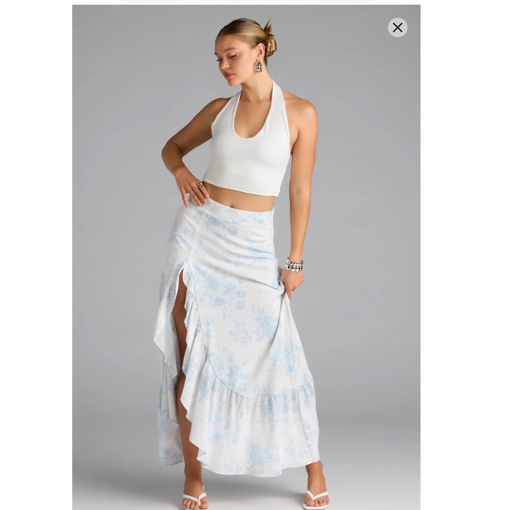 Windsor White Blue Floral Toile Ruffle High Slit Maxi Skirt Large NWT NEW